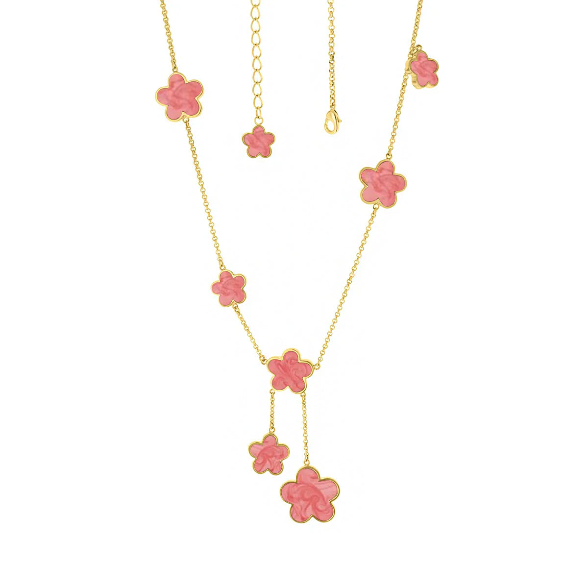 Daisy Love Necklace - Flower Y-Drop by Lauren G Adams, pink enamel flower charms on gold chain on Tampa Home & Garden Store
