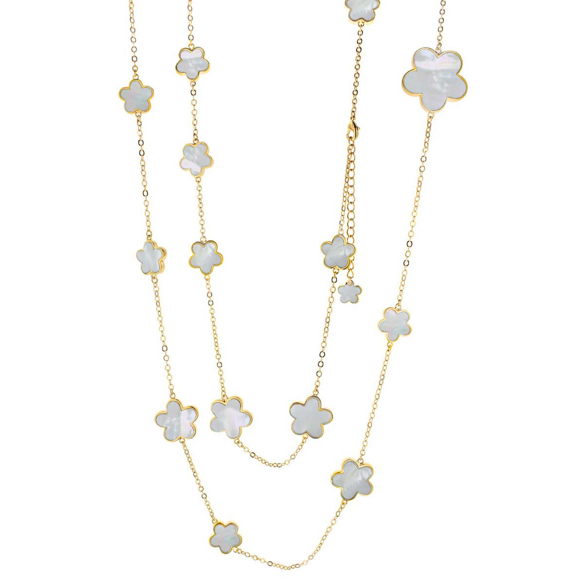 Daisy Love Long Necklace by Lauren G Adams, gold-tone chain with mother-of-pearl flower charms on Tampa Home & Garden Store