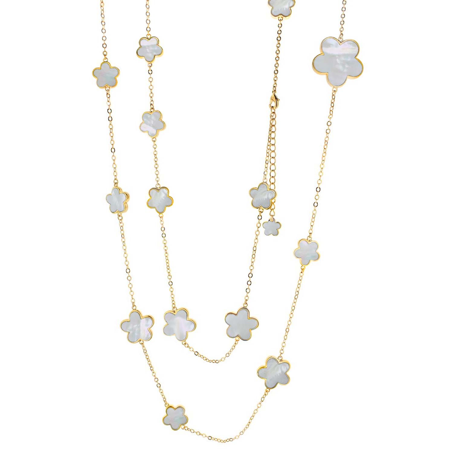 Daisy Love Long Necklace by Lauren G Adams, gold-tone chain with mother-of-pearl flower charms on Tampa Home & Garden Store