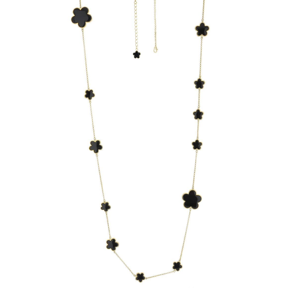 Daisy Love Gemstone Necklace Long Station gold-tone chain with black enamel flowers on Tampa Home & Garden Store