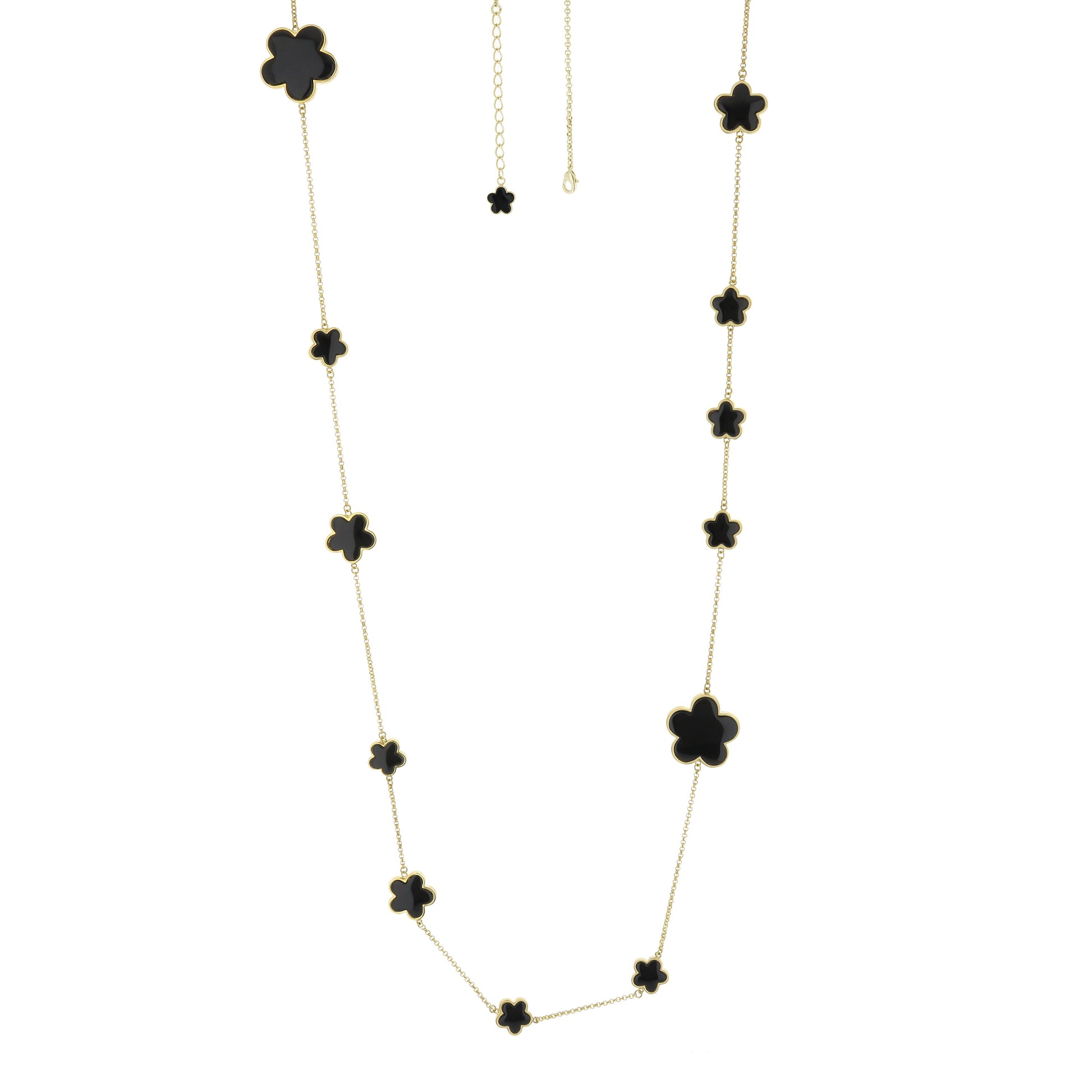 Daisy Love Gemstone Necklace Long Station gold-tone chain with black enamel flowers on Tampa Home & Garden Store