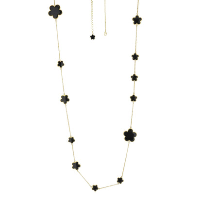 Daisy Love Gemstone Necklace Long Station gold-tone chain with black enamel flowers on Tampa Home & Garden Store
