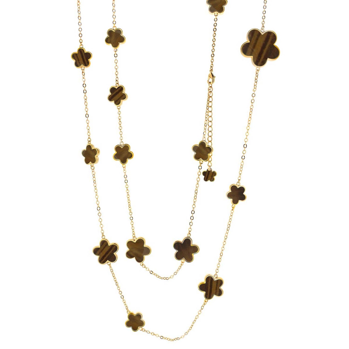 Daisy Love Gemstone Necklace Long Station gold-tone chain with tiger's eye clover charms on Tampa Home & Garden Store