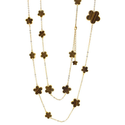 Daisy Love Gemstone Necklace Long Station gold-tone chain with tiger's eye clover charms on Tampa Home & Garden Store