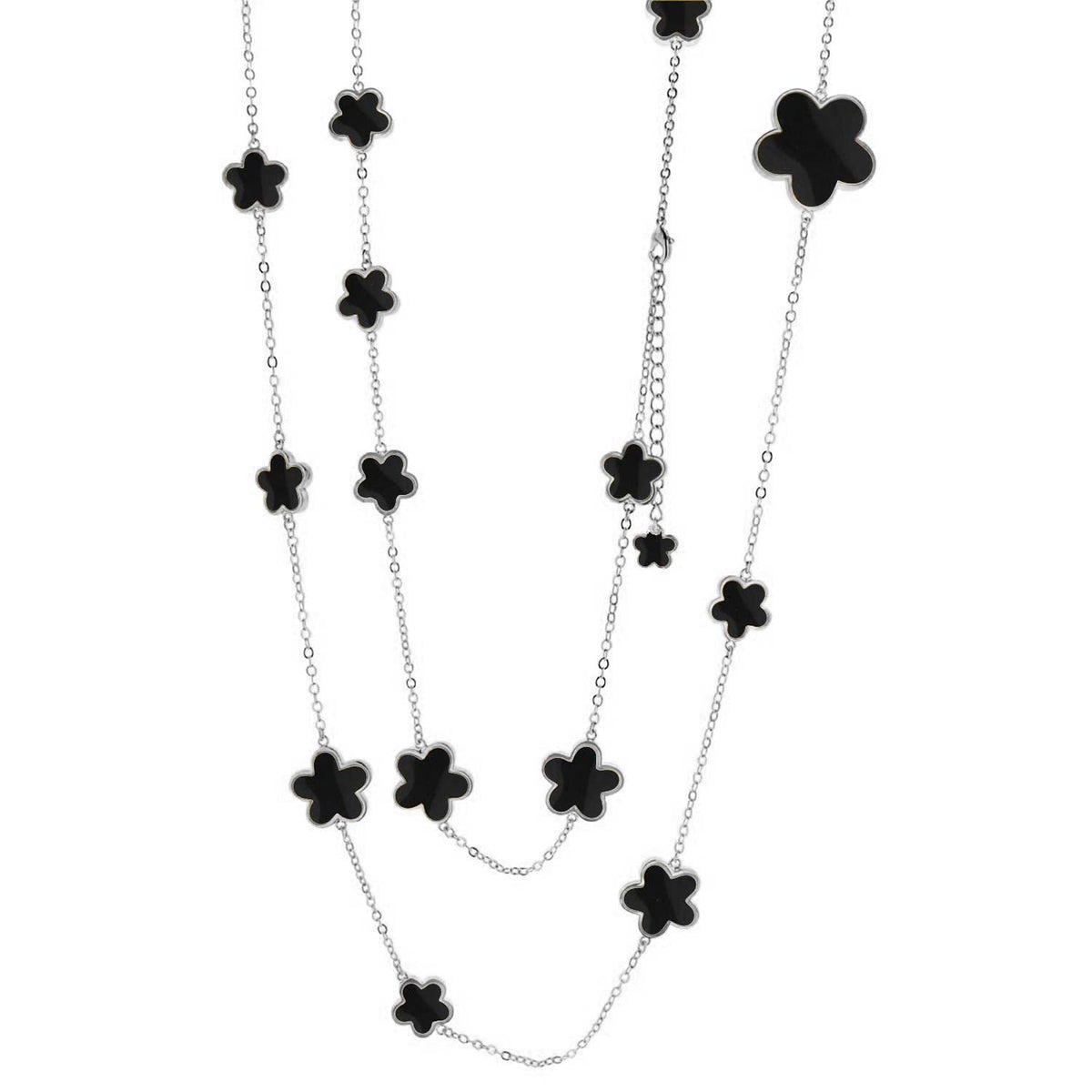 Daisy Love long necklace by Lauren G Adams; silver chain with black clover charms on Tampa Home & Garden Store