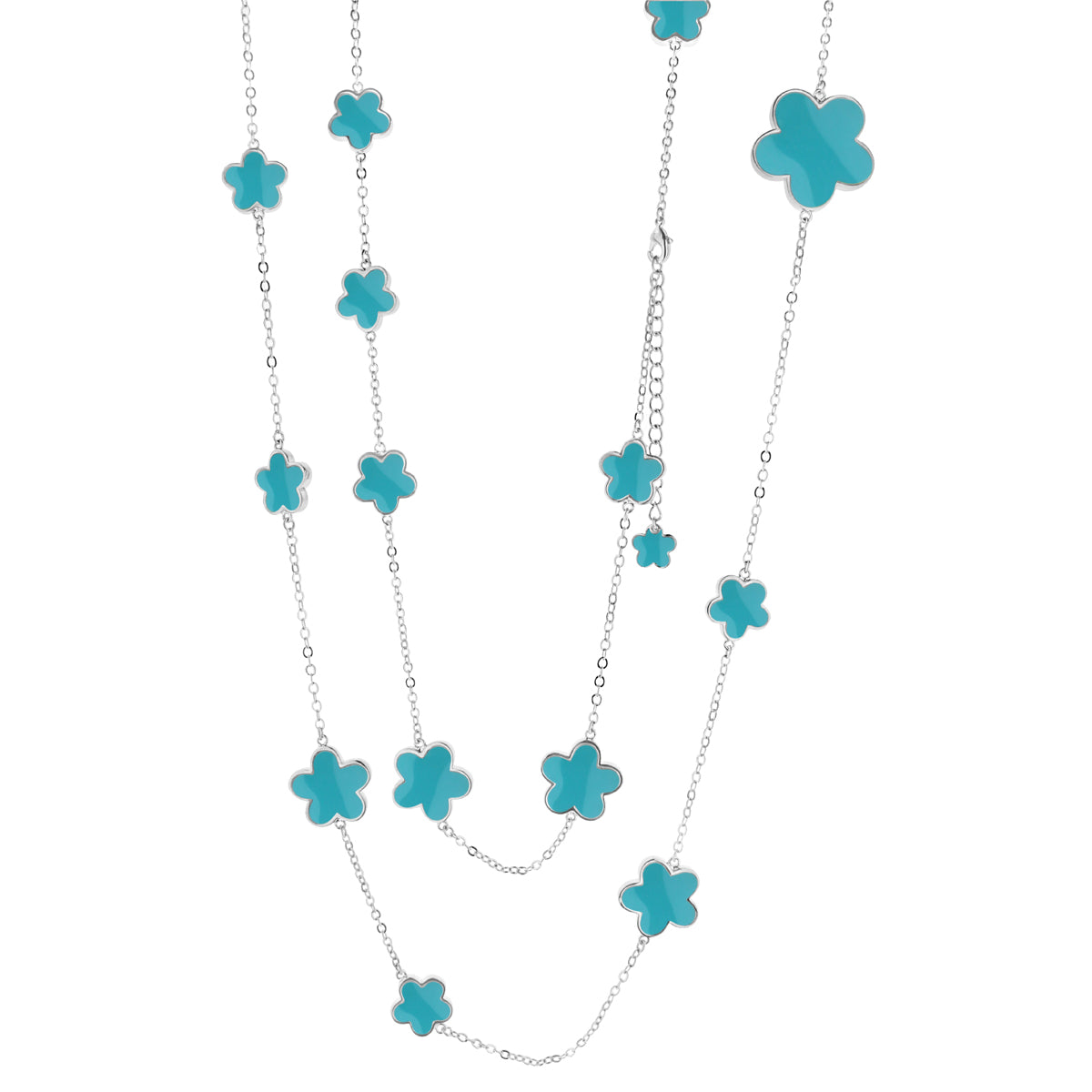 Daisy Love Necklace — Flower Cluster Strand with turquoise clover charms on silver chain on Tampa Home & Garden Store