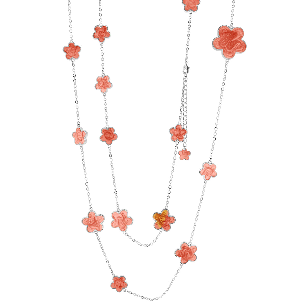 Daisy Love Necklace long floral cluster strand with pink coral flower charms on silver chain on Tampa Home & Garden Store