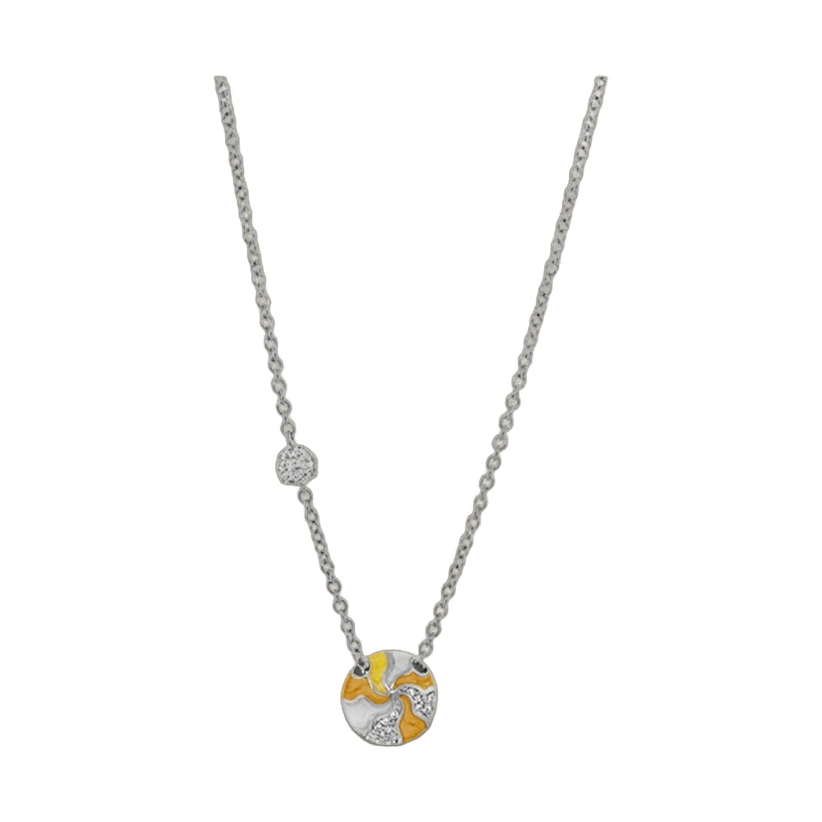 Earth Wind and Pave Necklace pendant by Lauren G Adams, silver-tone chain with round enamel pendant in yellow orange gray on Tampa Home & Garden Store