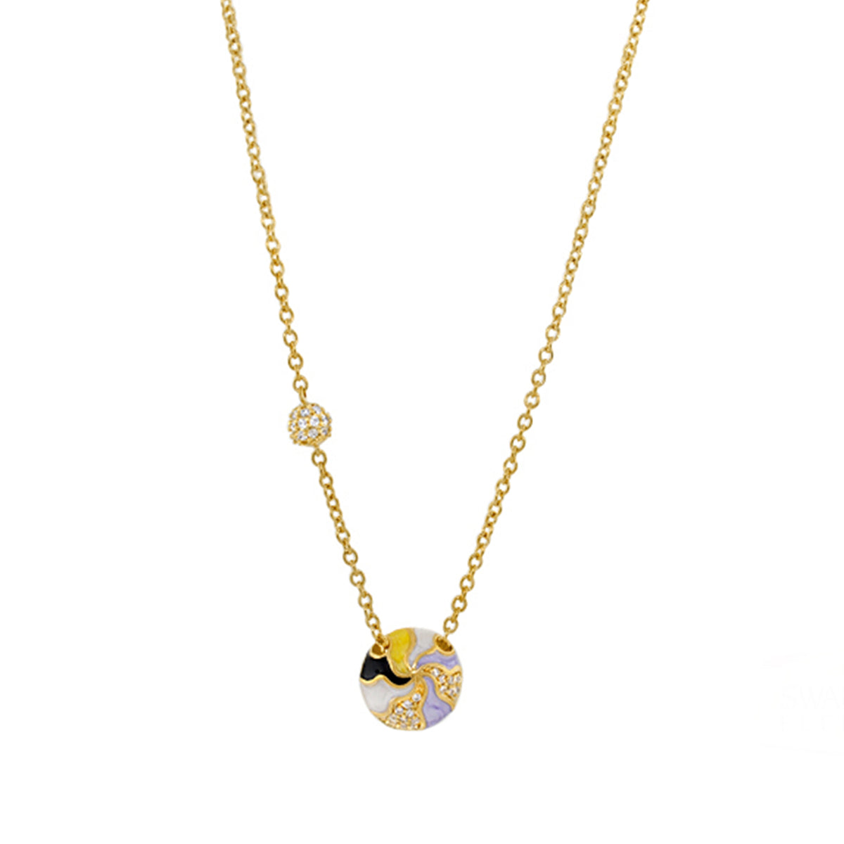 Earth Wind and Pave Necklace pendant gold-tone chain with enamel disc and pavé ball on Tampa Home & Garden Store