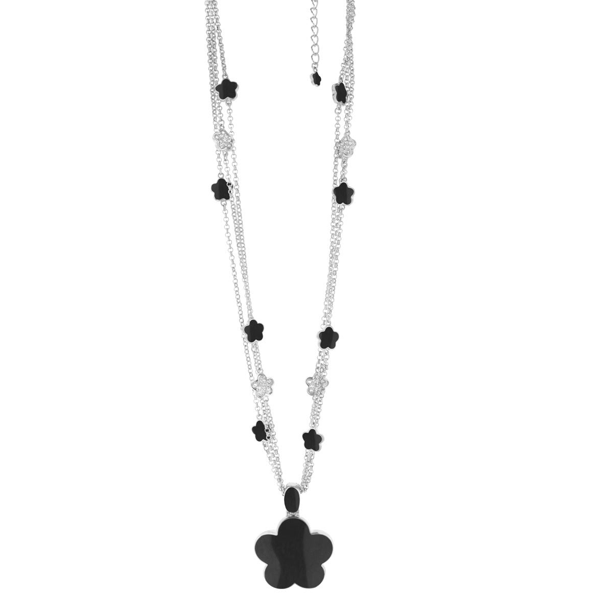 Daisy Pendant Necklace by Lauren G Adams, silver-tone layered chains with black enamel clover charms and a large black clover pendant on Tampa Home & Garden Store