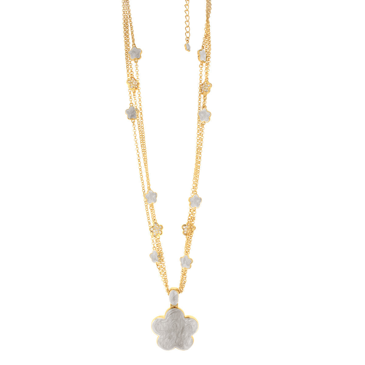 Daisy Necklace by Lauren G Adams in gold tone with white enamel flowers on chains and floral pendant on Tampa Home & Garden Store