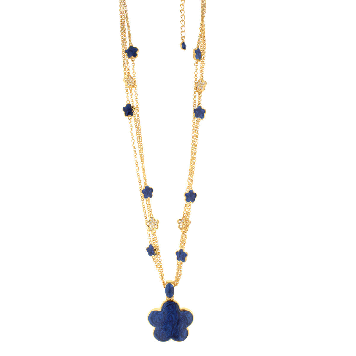 Daisy Pendant Necklace by Lauren G Adams, gold-tone double chain with blue enamel flower charms on Tampa Home & Garden Store