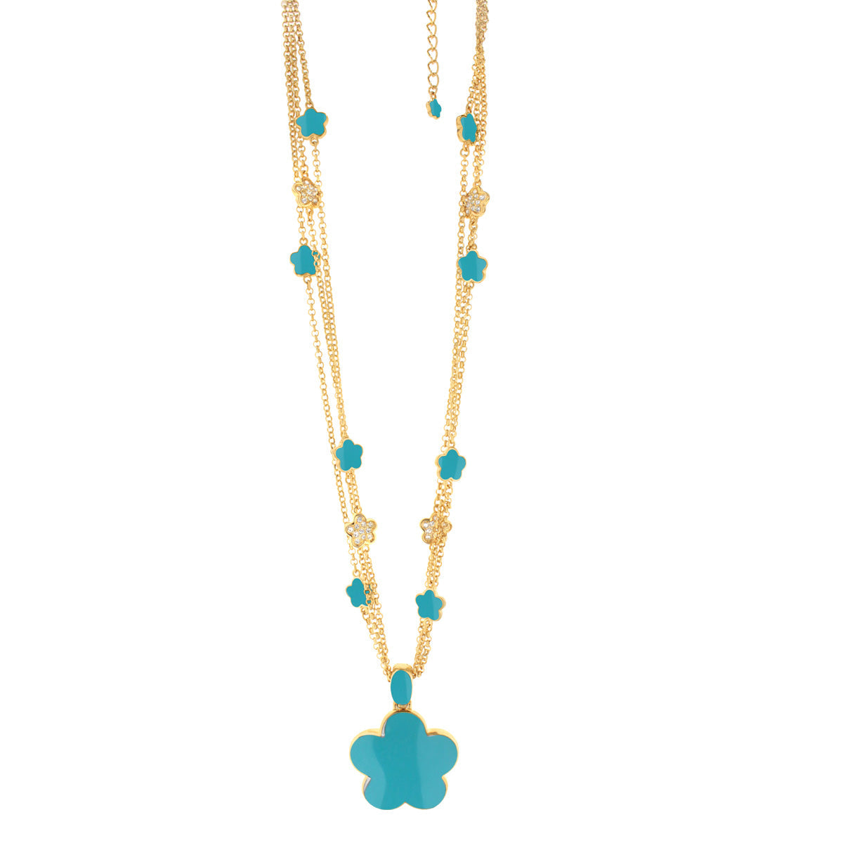 Daisy Pendant Necklace, gold-tone layered chains with turquoise flower charms and pendant on Tampa Home & Garden Store