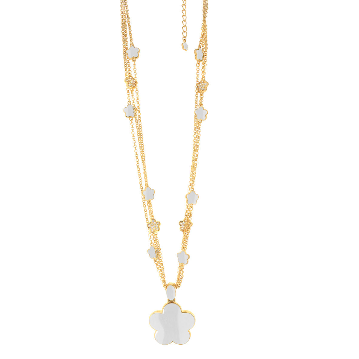 Daisy Necklace, gold-tone chain with white enamel flower charms on Tampa Home & Garden Store