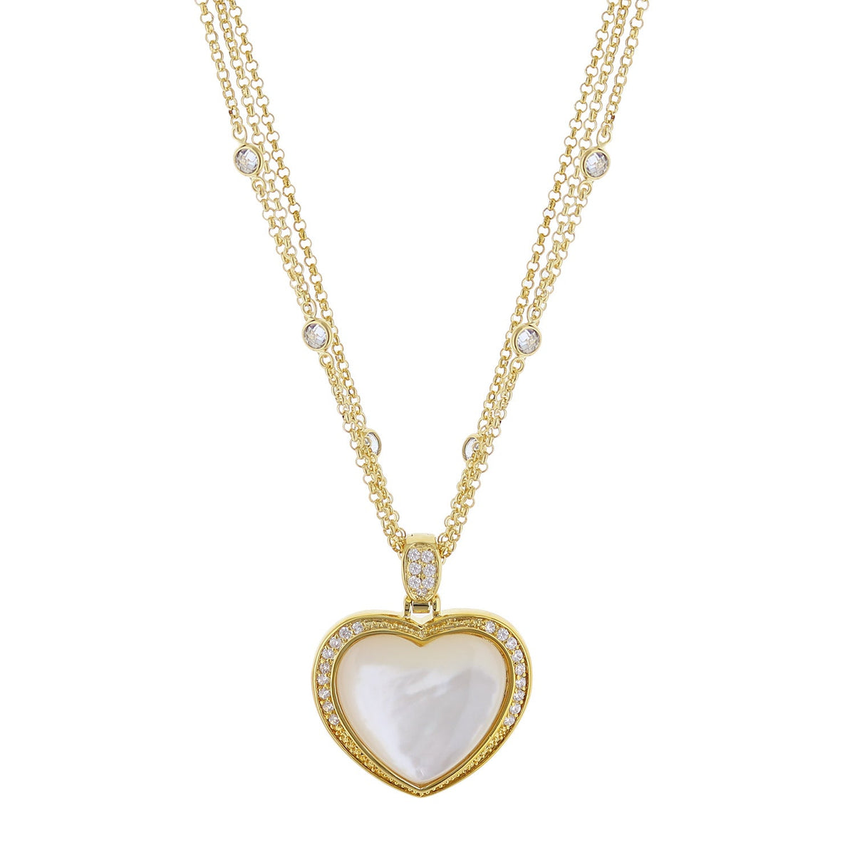 Pave Love Necklace gold-tone heart pendant with pavé diamonds and mother-of-pearl center on chain on Tampa Home & Garden Store