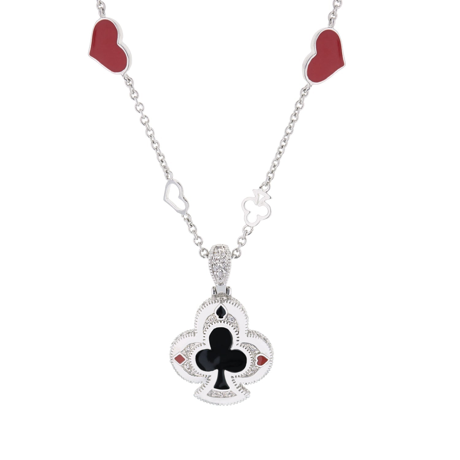 Players Club Necklace by Lauren G Adams with red hearts and a jeweled silver clover pendant on Tampa Home & Garden Store