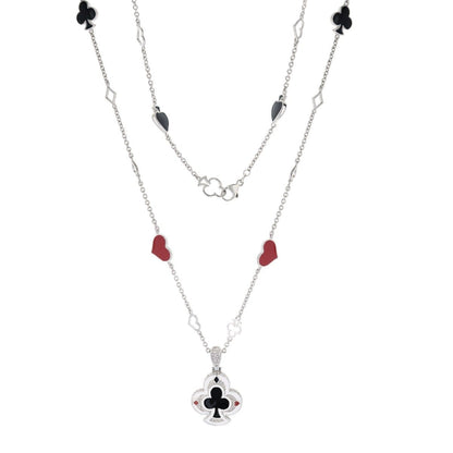 Players Club Necklaces by Lauren G Adams layered silver chain with red hearts, black clubs enamel charms and a clover pendant on Tampa Home & Garden Store