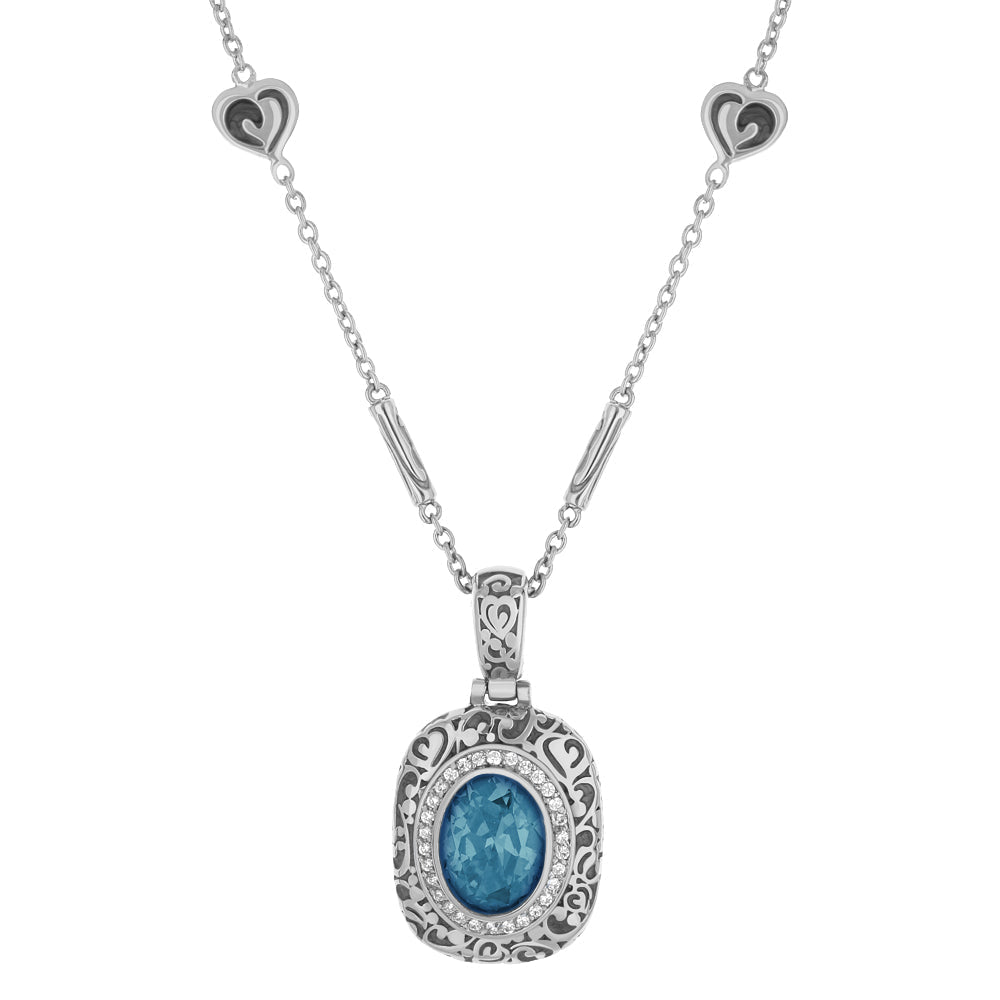 Hidden Hearts Pendant Necklace by Lauren G Adams with blue gem in silver filigree pendant on Tampa Home & Garden Store