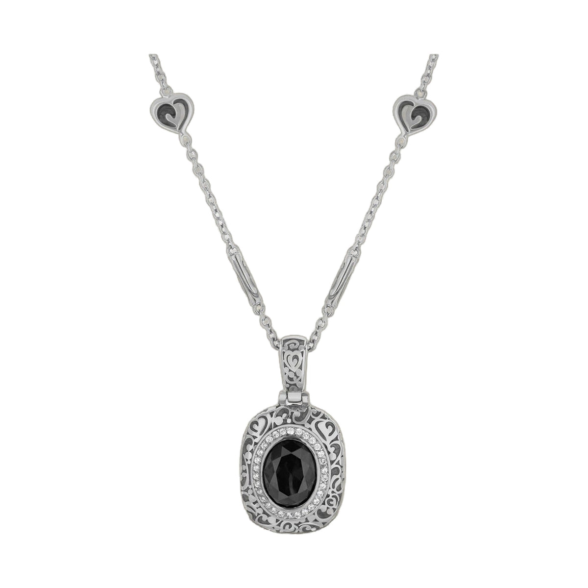 Hidden Hearts Pendant Necklace by Lauren G Adams, silver with filigree pendant and black stone on Tampa Home & Garden Store