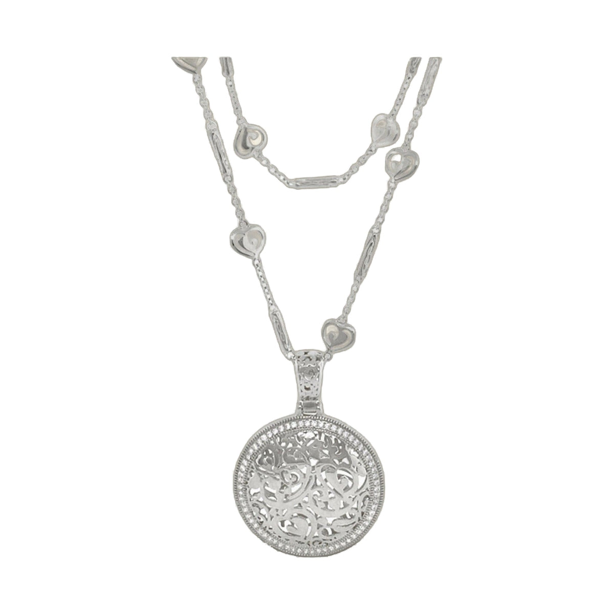 Hidden Hearts Necklace, silver layered chains with heart charms and ornate round pendant on Tampa Home & Garden Store