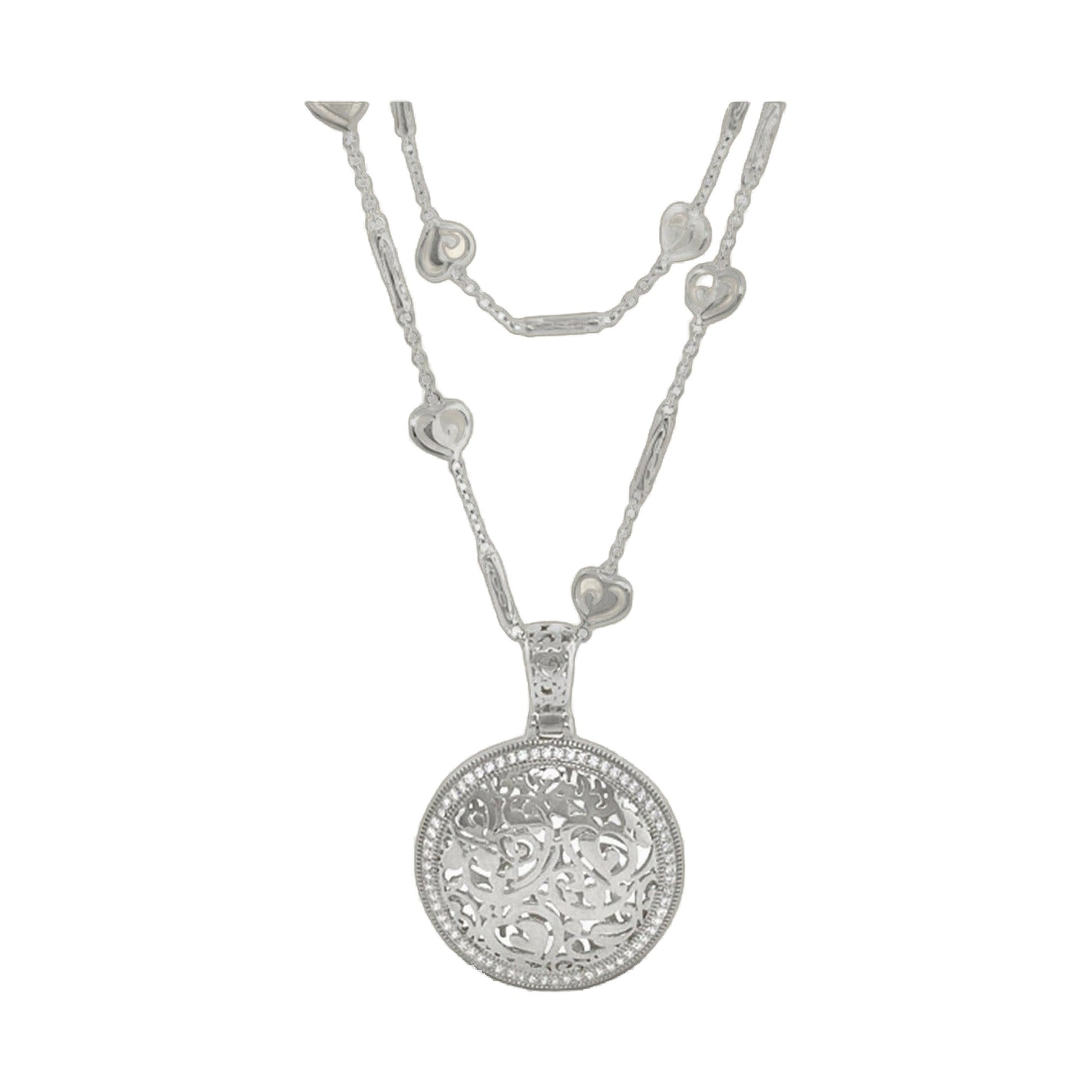Hidden Hearts Necklace, silver layered chains with heart charms and ornate round pendant on Tampa Home & Garden Store