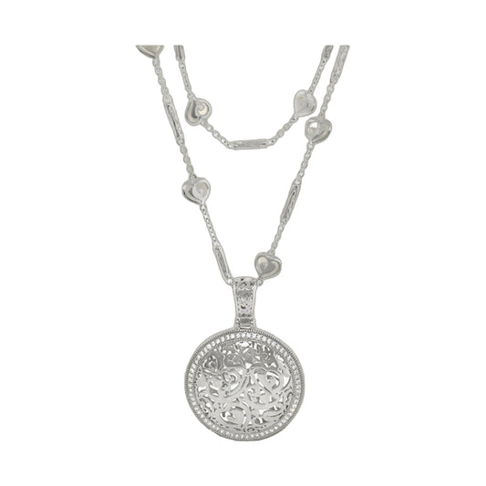 Hidden Hearts Necklace, silver layered chains with heart charms and ornate round pendant on Tampa Home & Garden Store