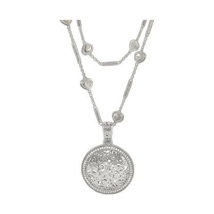 Hidden Hearts Necklace by Lauren G Adams, silver multi-strand chain with heart charms and ornate filigree pendant on Tampa Home & Garden Store