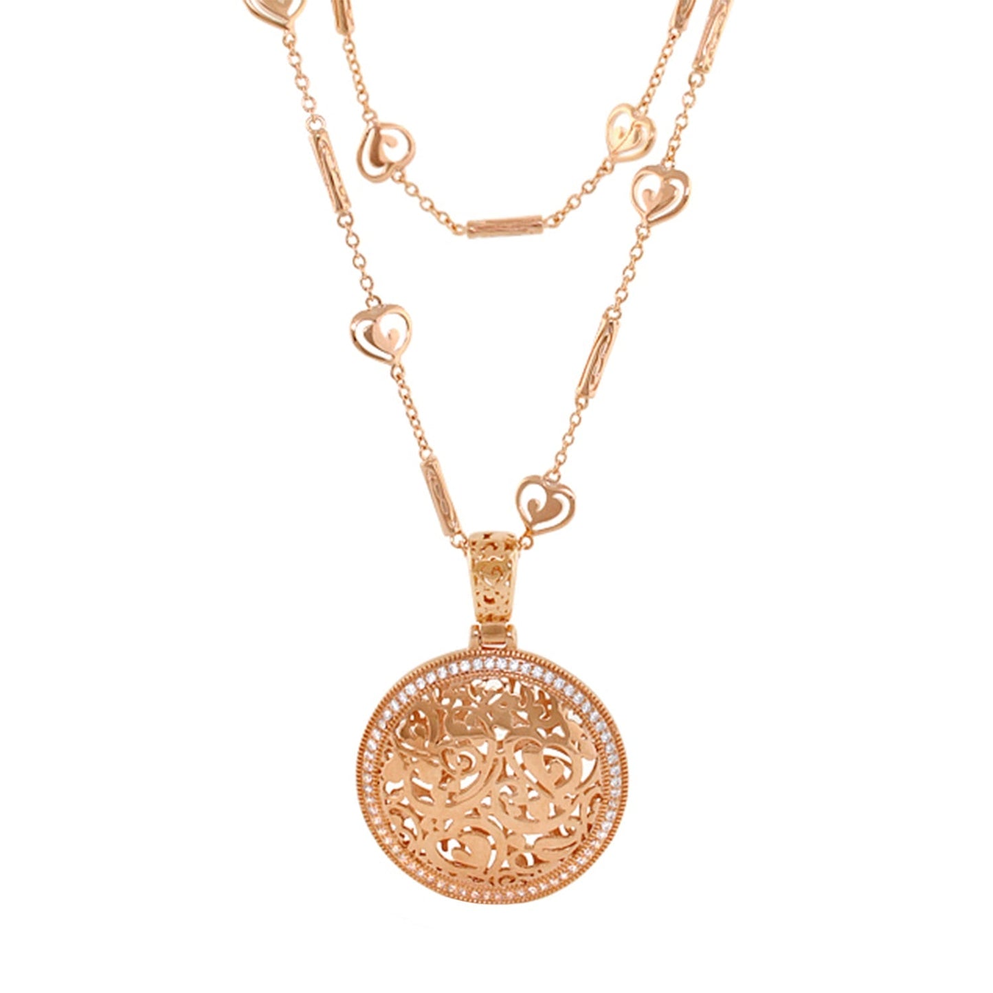 Hidden Hearts Necklace by Lauren G Adams, rose gold round filigree pendant with lattice hearts on Tampa Home & Garden Store