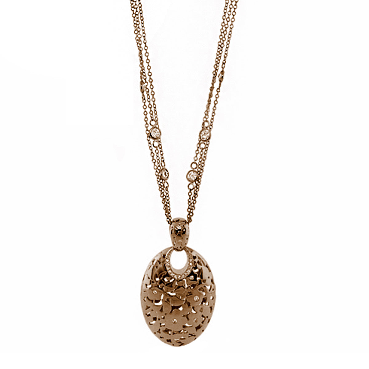 Openwork oval pendant necklace in rose gold tone with floral cutouts on a double bead chain on Tampa Home & Garden Store