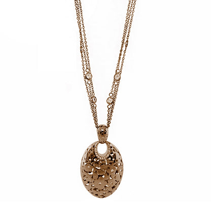 Openwork oval pendant necklace in rose gold tone with floral cutouts on a double bead chain on Tampa Home & Garden Store