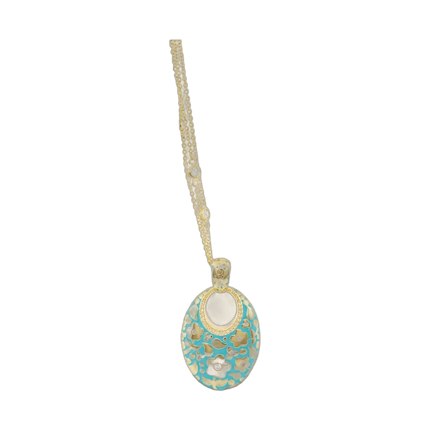 Flowers by Orly Pendant Necklace hand-poured oval turquoise enamel with gold lattice chain by Lauren G Adams on Tampa Home & Garden Store