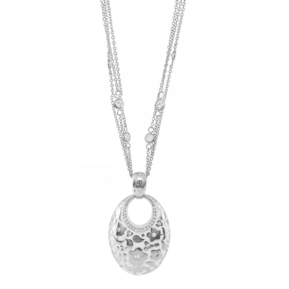 Pendant Flowers by Orly - oval filigree pendant on silver double chain with floral cutouts on Tampa Home & Garden Store