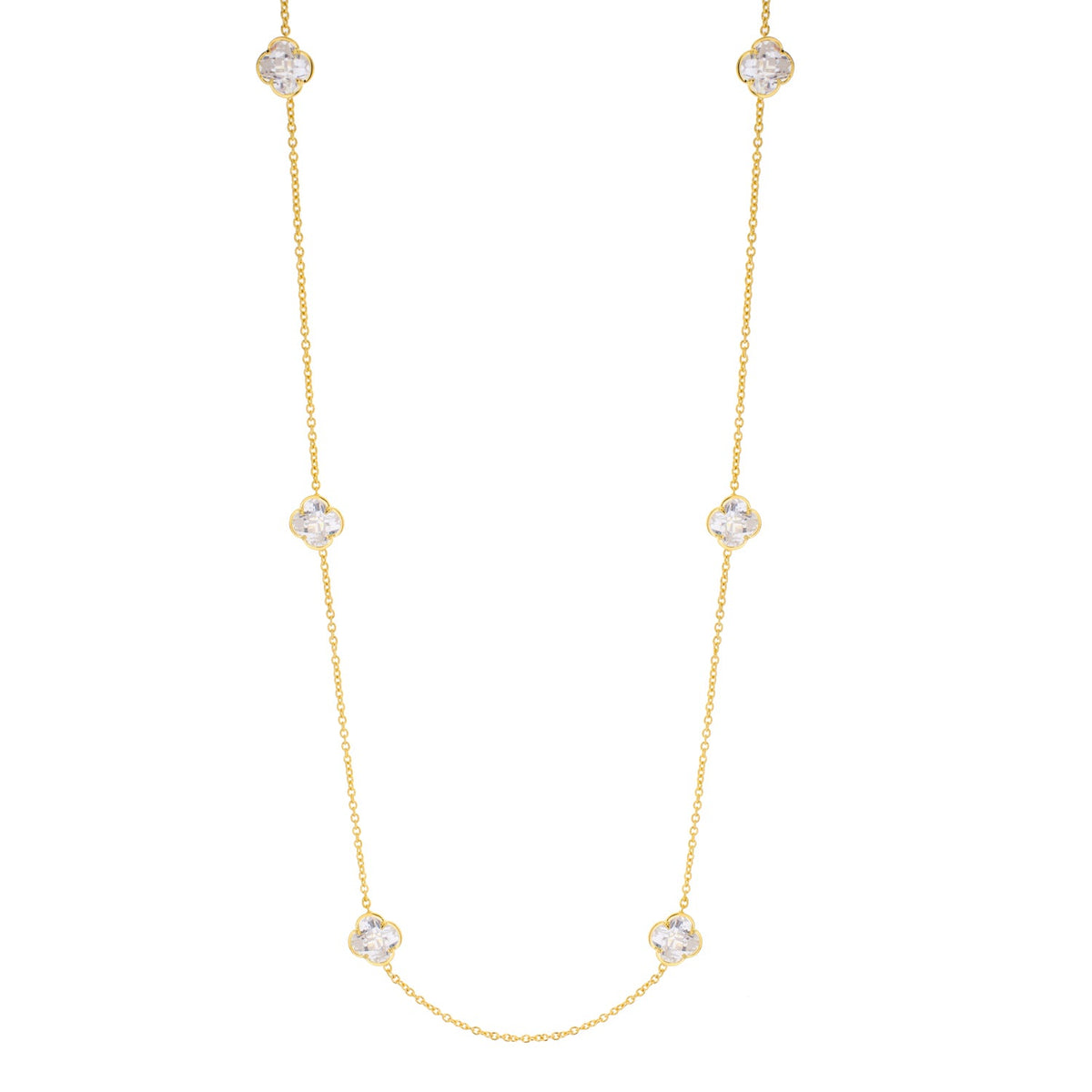Prince Charming Long Necklace by Lauren G Adams, gold chain with crystal clover charms on Tampa Home & Garden Store