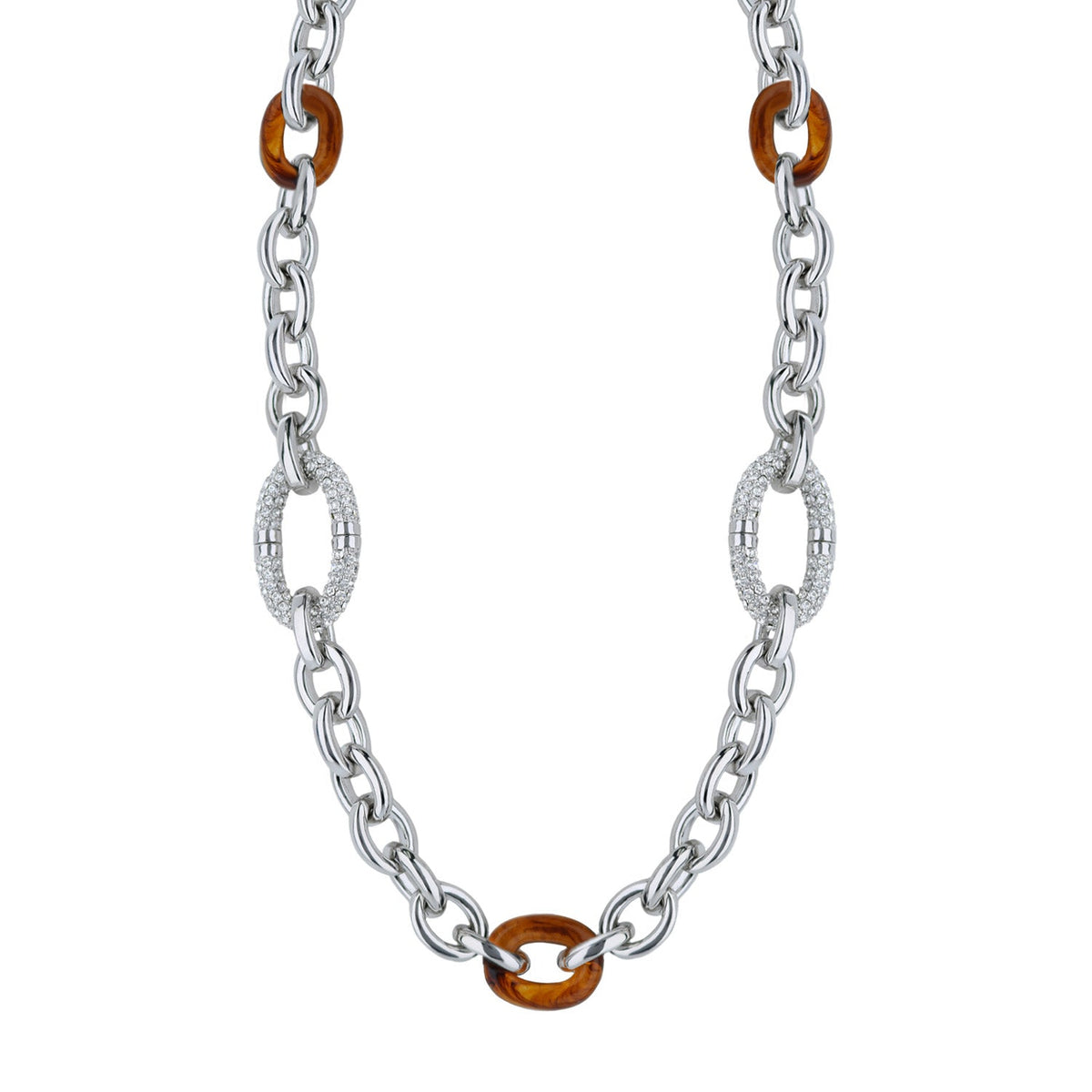 Statement necklace by Lauren G Adams, silver chain with orange tortoise rings and diamond loops on Tampa Home & Garden Store
