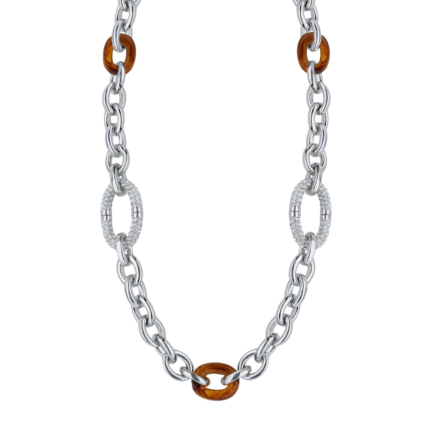 Statement necklace by Lauren G Adams, silver chain with orange tortoise rings and diamond loops on Tampa Home & Garden Store
