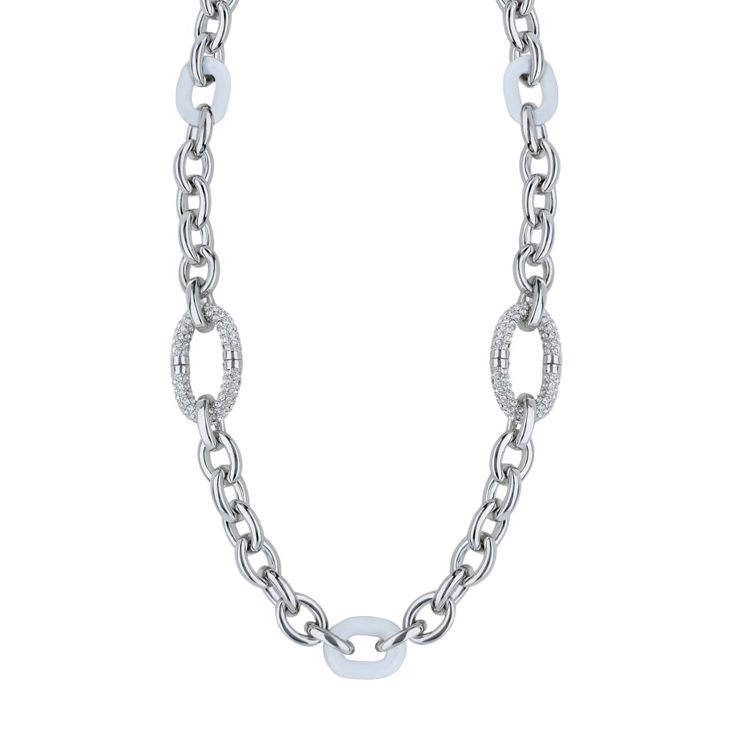 Statement necklace by Lauren G Adams, silver chain with pavé circles and white ceramic rings on Tampa Home & Garden Store