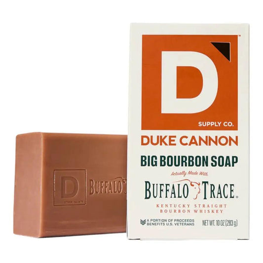 Big Bourbon Soap by Duke Cannon with Oak Barrel scent; brown bar beside white box on Tampa Home & Garden Store