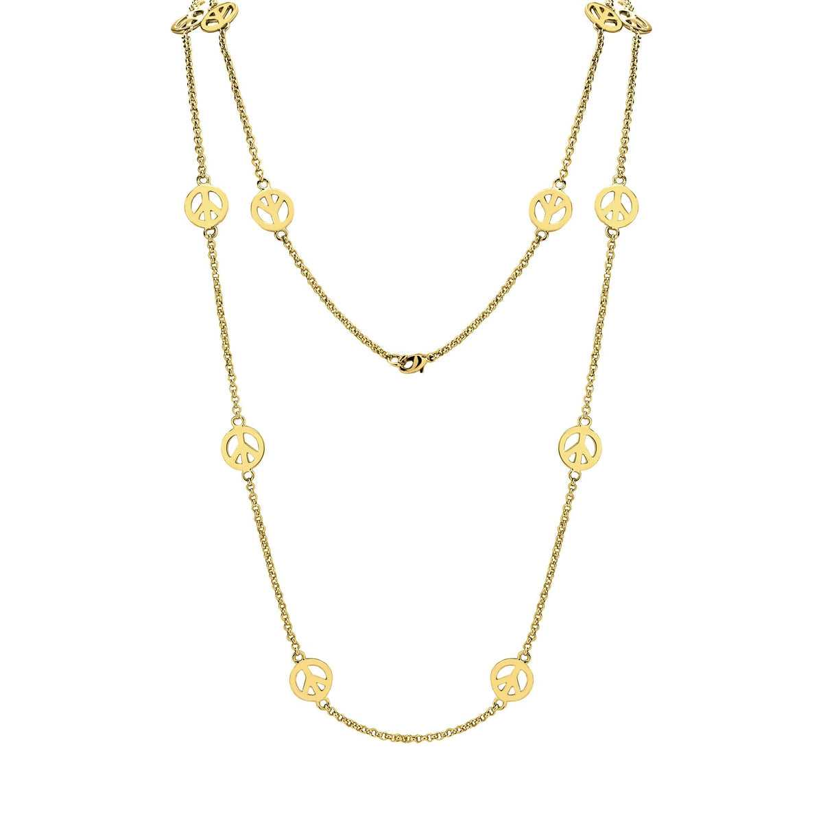 Peace Necklace by Lauren G Adams, long gold tone chain with repeating peace sign charms on Tampa Home & Garden Store