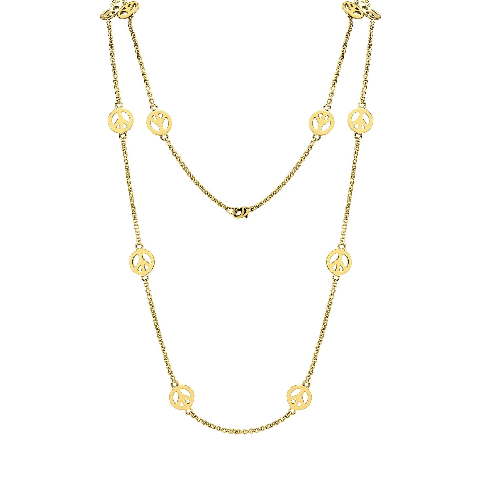 Peace Necklace by Lauren G Adams, long gold tone chain with repeating peace sign charms on Tampa Home & Garden Store