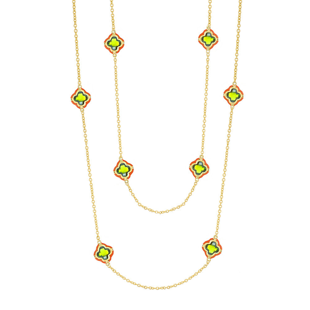 Prince Charming Long Necklace Lauren G Adams, gold chain with green enamel clover charms layered on Tampa Home & Garden Store