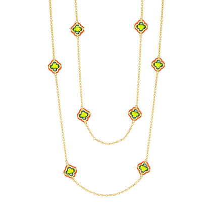 Prince Charming Long Necklace Lauren G Adams, gold chain with green enamel clover charms layered on Tampa Home & Garden Store