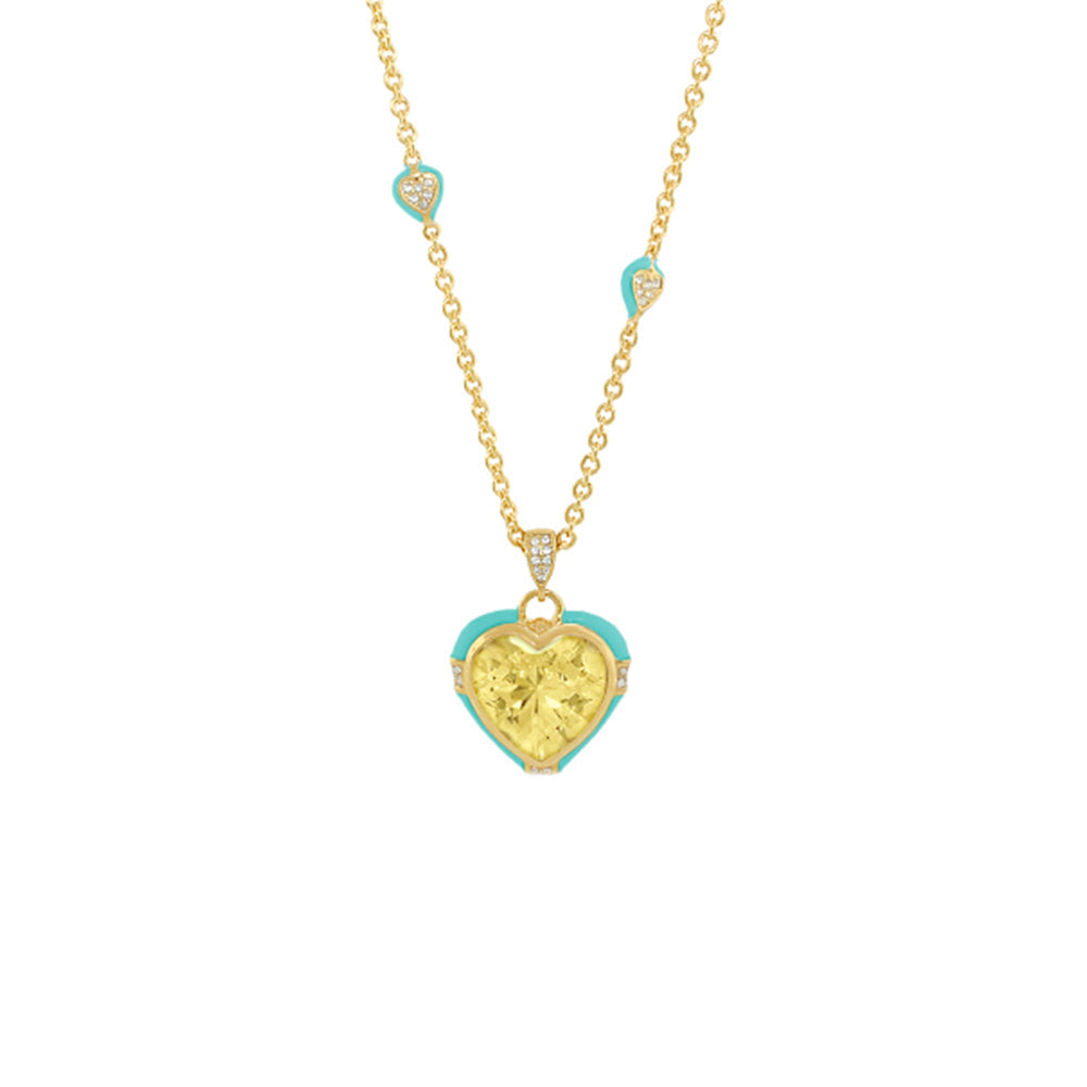 Prince Charming Necklace by Lauren G Adams, gold-tone chain with turquoise-edged heart pendant and yellow gemstone on Tampa Home & Garden Store