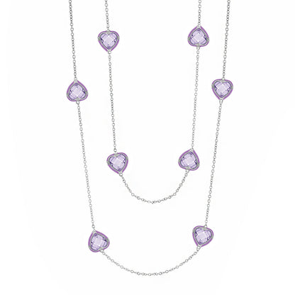 Prince Charming Long Necklace by Lauren G Adams with lavender heart charms on silver-tone chains on Tampa Home & Garden Store