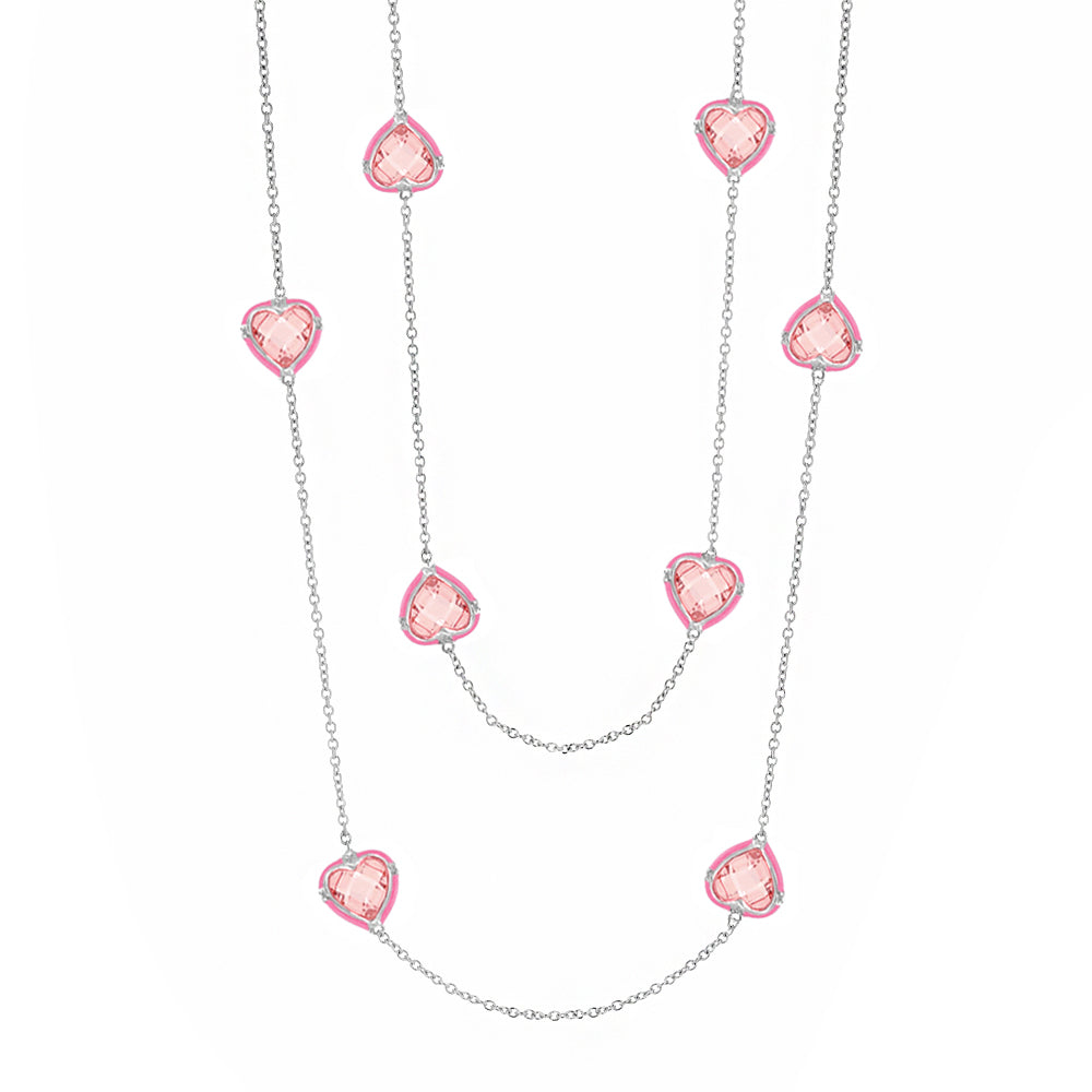 Prince Charming Long Necklace by Lauren G Adams with pink heart charms on a silver chain on Tampa Home & Garden Store