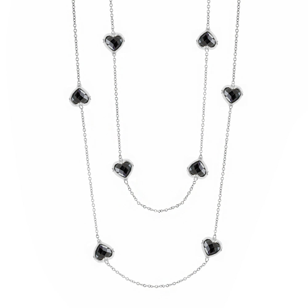 Prince Charming Long Necklace by Lauren G Adams: silver chain with black faceted heart charms on Tampa Home & Garden Store