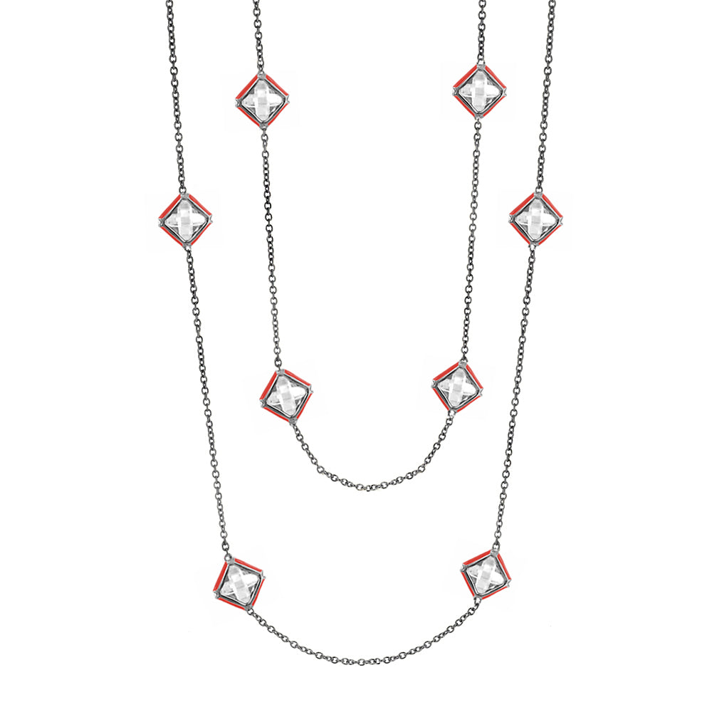 Prince Charming Necklace by Lauren G Adams, long silver-tone chain with red square crystals on Tampa Home & Garden Store