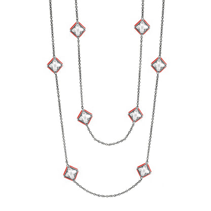 Prince Charming Necklace by Lauren G Adams, long silver-tone chain with red square crystals on Tampa Home & Garden Store