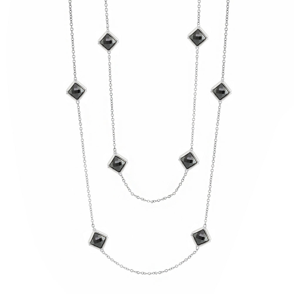 Prince Charming Long Necklace by Lauren G Adams, layered silver chain with square black stones on Tampa Home & Garden Store