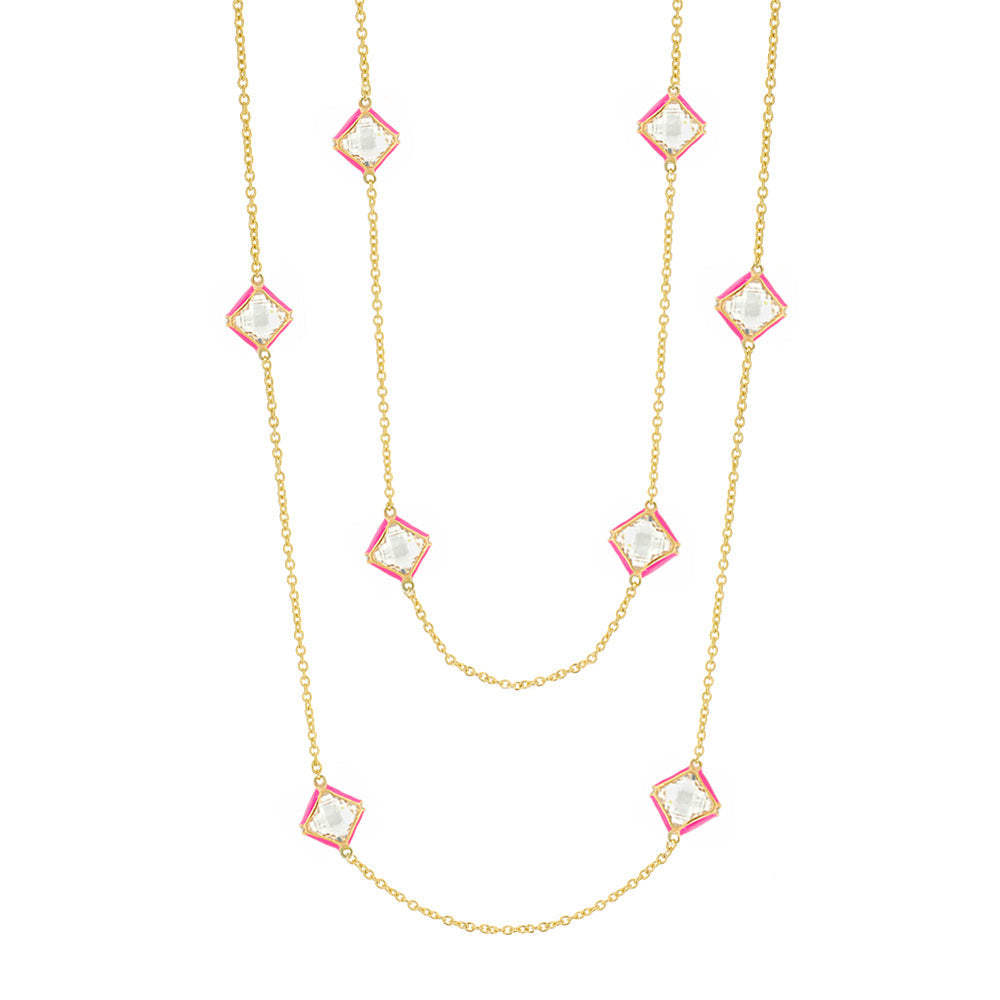Prince Charming Long Necklace by Lauren G Adams with gold chain and pink crystal squares on Tampa Home & Garden Store