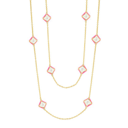 Prince Charming Long Necklace by Lauren G Adams with gold chain and pink crystal squares on Tampa Home & Garden Store